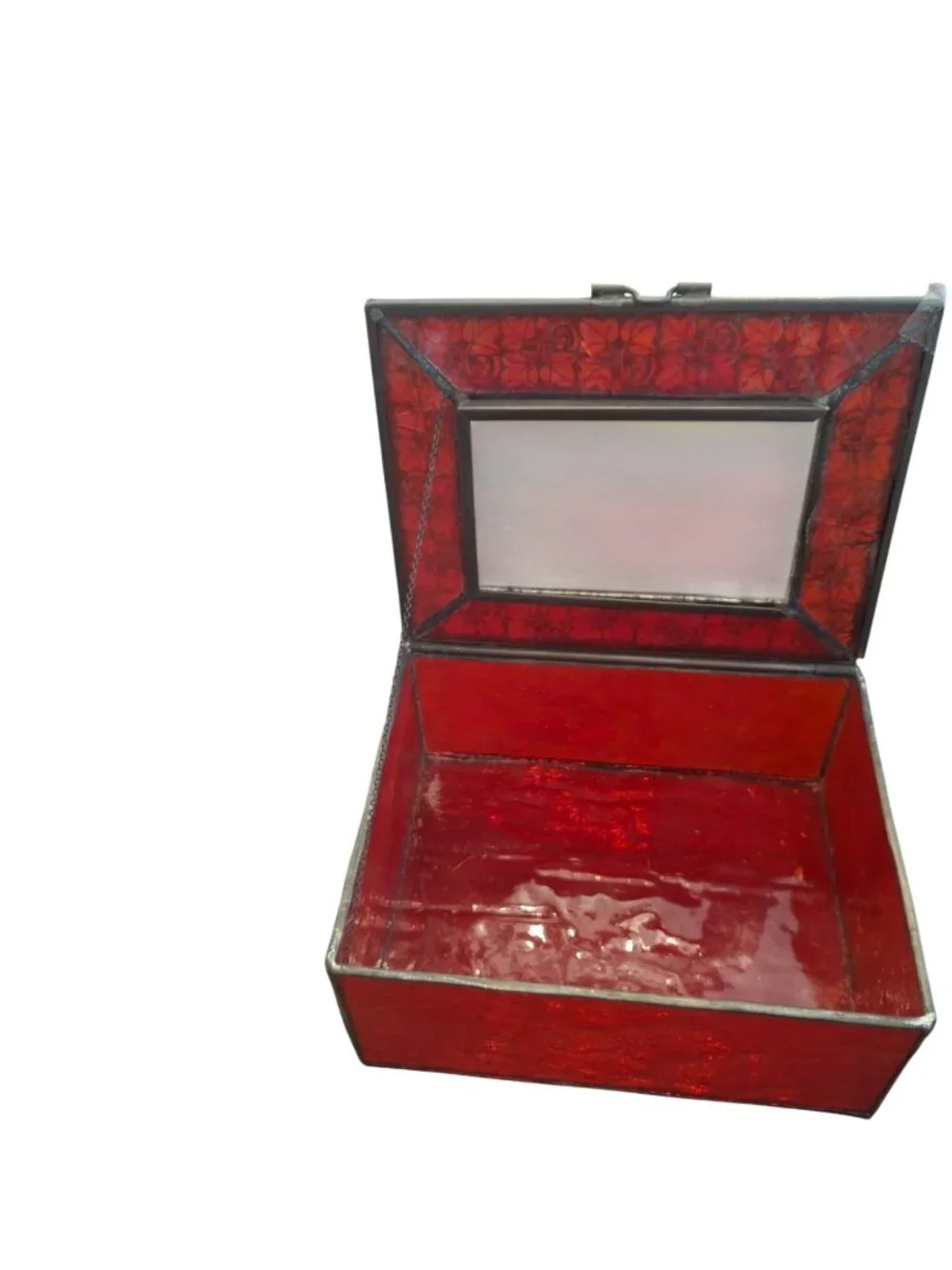 Vintage Red Stained Glass Jewelry Box Metal Filigree Trinket Keepsake Case